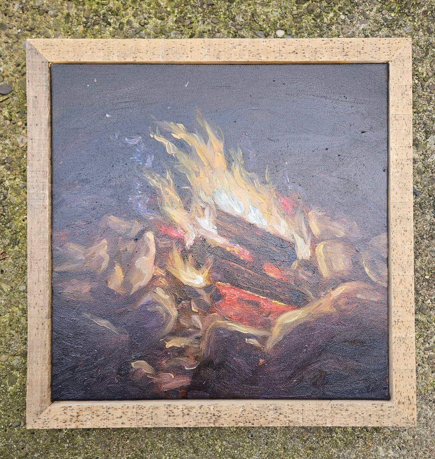 Campfire, 20 by 20 framed oil painting by Amber Thaman