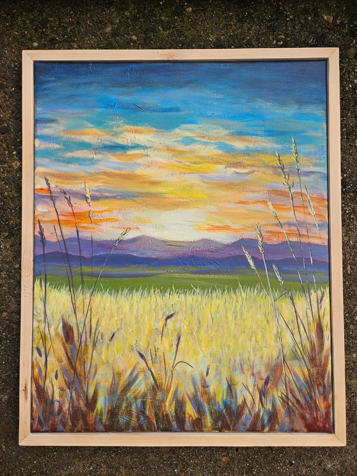 Colorful sunset meadow painting
