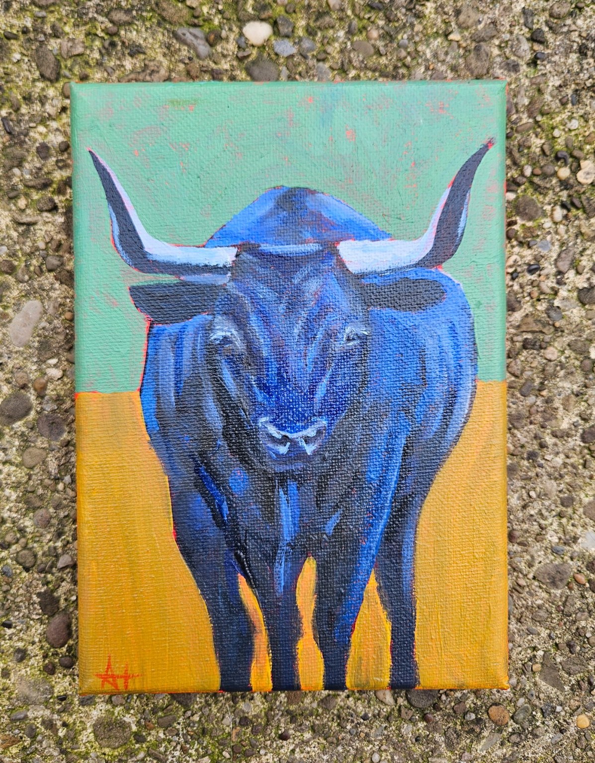 Mess with the Bull, 5 by 7 acrylic painting by Amber Thaman