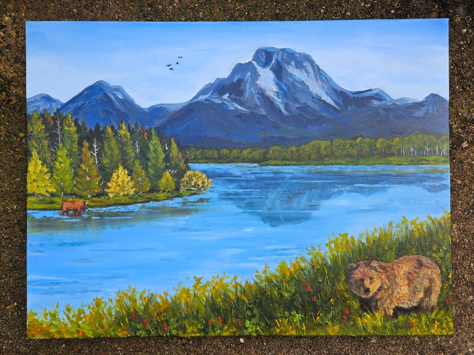 Mountain lake wildlife painting