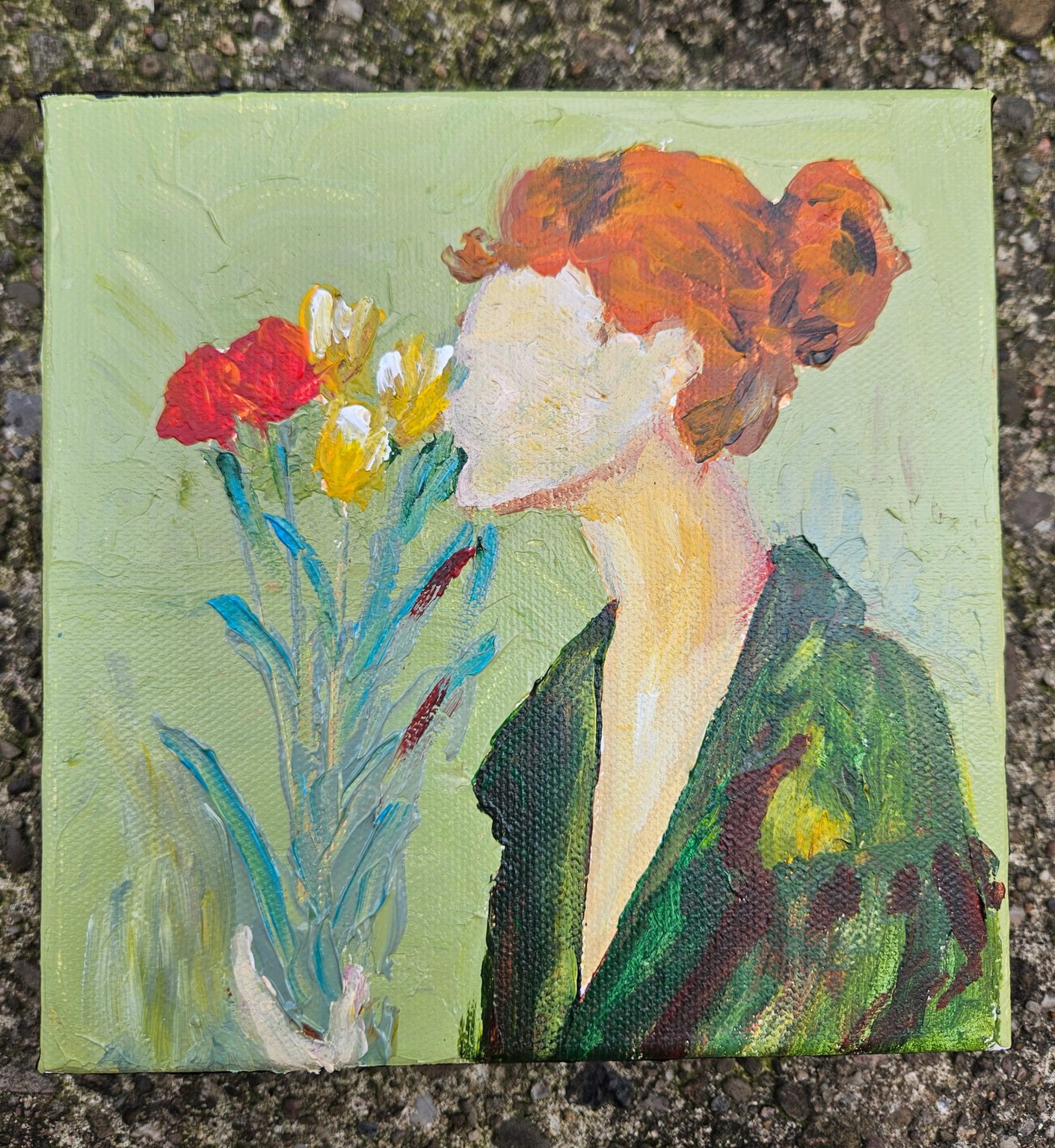 Stop and Smell the Roses, 6 by 6 acrylic painting by Amber Thaman